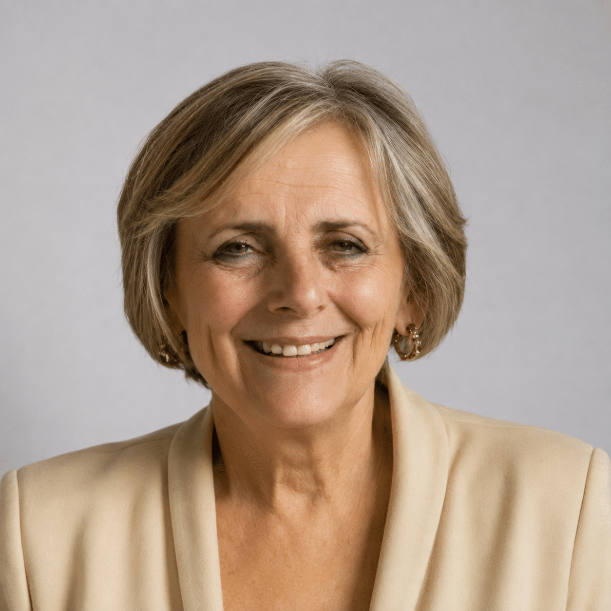 Smiling older woman with short grey hair and a beige blazer sits in front of a plain light background.