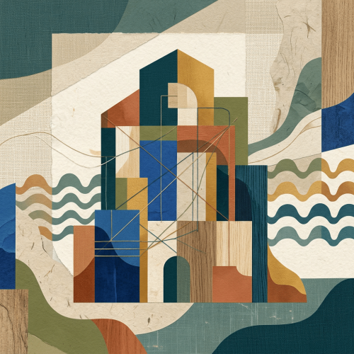 Overlapping abstract geometric shapes in earthy tones are set against a background of wavy lines and various textured patterns.