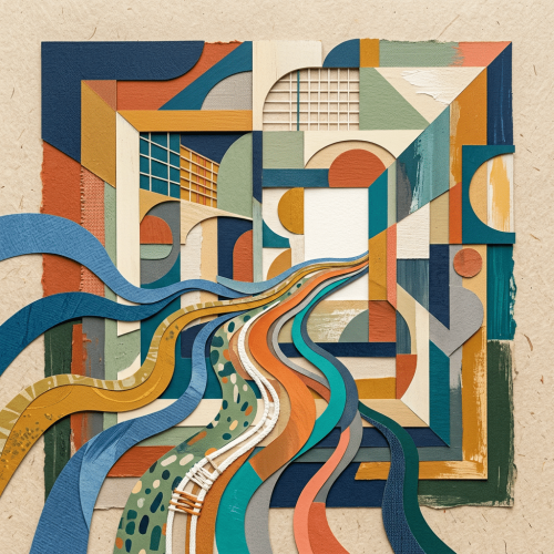 An abstract collage features arches, grid patterns, and wavy lines in blue, orange, and cream displayed against a textured background.