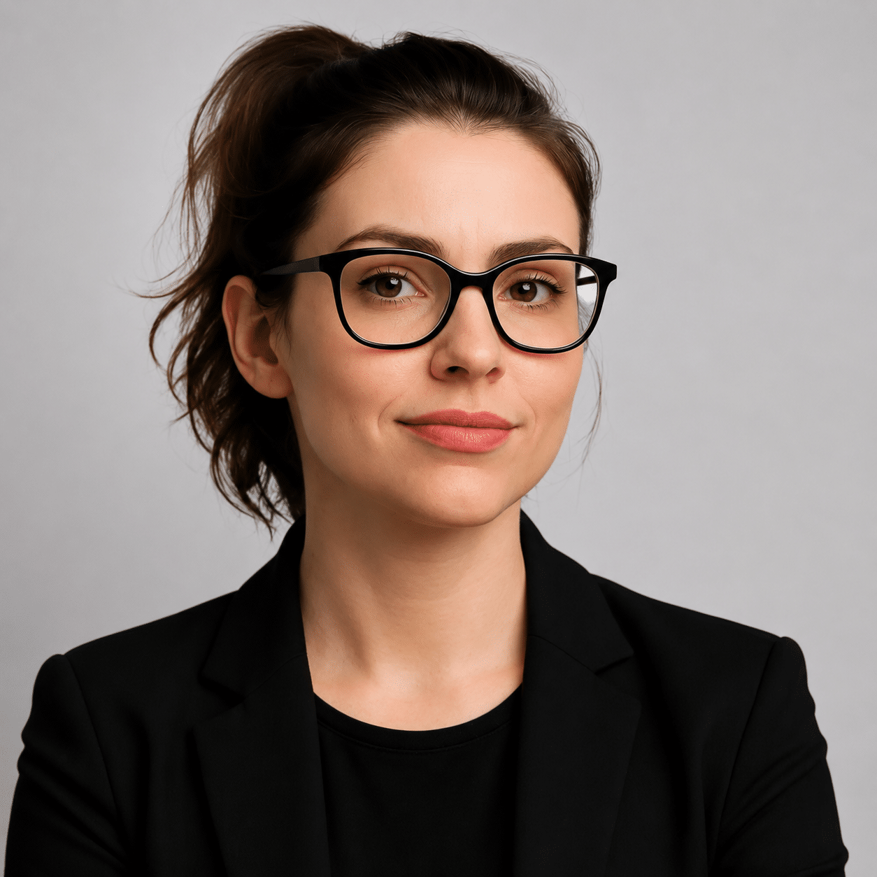 A woman with brown hair tied in a ponytail, wearing glasses and a black blazer, smiles subtly at the camera as she gets ready to review website accessibility.