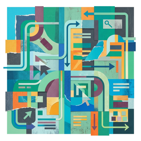 An abstract collage features arrows, rectangles, and digital icons in shades of blue, green, and orange.
