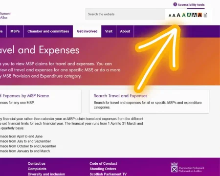 A website page displays travel and expenses information, featuring a large yellow arrow pointing towards accessibility tools.