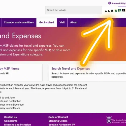A website page displays travel and expenses information, featuring a large yellow arrow pointing towards accessibility tools.