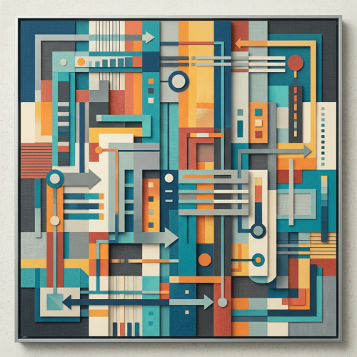 A square canvas filled with a maze-like pattern of colourful geometric shapes, lines, and arrows.