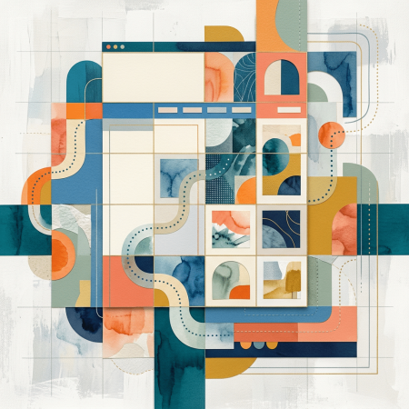 Colourful abstract geometric art featuring shapes and lines with watercolour textures in blue, orange, and yellow.