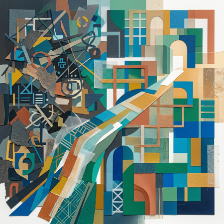 An abstract collage features geometric shapes, arches, and layered colours in shades of blue, green, orange, and beige.
