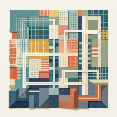A vibrant geometric collage featuring overlapping squares, rectangles, and lines in shades of blue, orange, and beige.