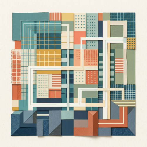 A vibrant geometric collage featuring overlapping squares, rectangles, and lines in shades of blue, orange, and beige.