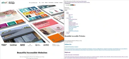 A website displayed side-by-side, with a visually rich graphic version on the left and a plain text version for screen readers on the right.