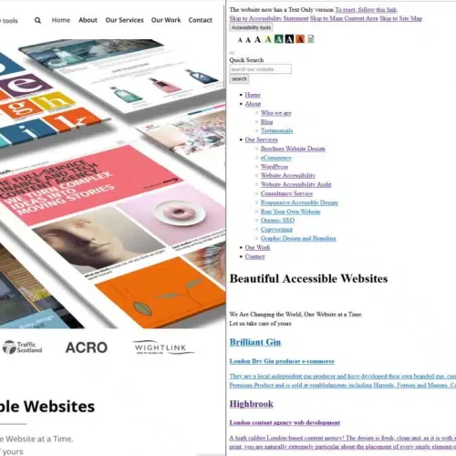 A website displayed side-by-side, with a visually rich graphic version on the left and a plain text version for screen readers on the right.