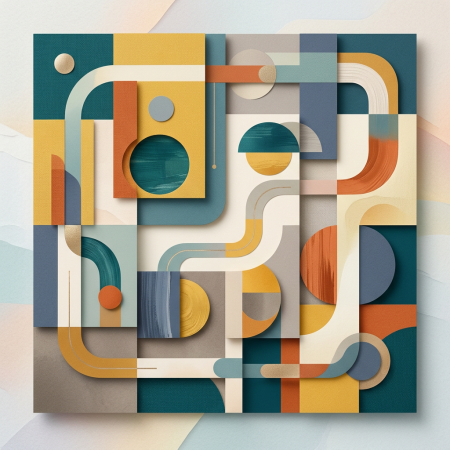 Colourful abstract geometric composition featuring circles, lines, and rectangles in blue, yellow, orange, and beige shades.