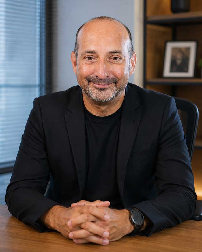 A bald man wearing a black jacket sits at a desk, smiling, with shelves and a photo frame behind him as he gets ready to check website accessibility.