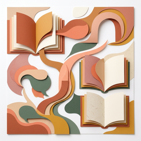 Several open books and abstract paper shapes in earth tones are neatly displayed on a white background.