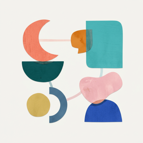 Pastel-coloured abstract shapes are arranged in an artistic layout on a white background.