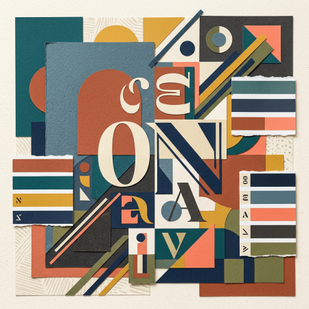 A vibrant abstract collage features overlapping shapes, bold stripes, and cut-out letters in different typefaces and sizes.