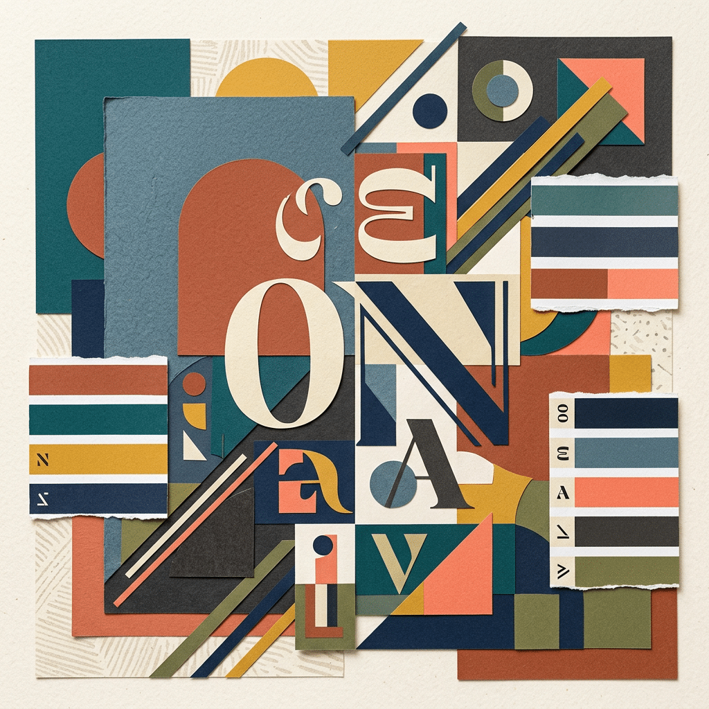 A vibrant abstract collage features overlapping shapes, bold stripes, and cut-out letters in different typefaces and sizes.