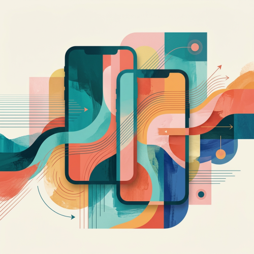 Two smartphones display in front of a backdrop featuring abstract colourful waves and geometric shapes.