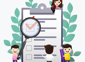 Four cartoon children engage with an oversized checklist, magnifying glass, and pencil, with leafy foliage in the background.