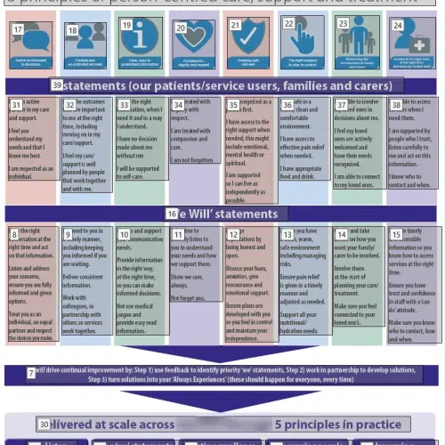 A colourful chart displays key principles and statements aimed at enhancing patient experience in healthcare environments.