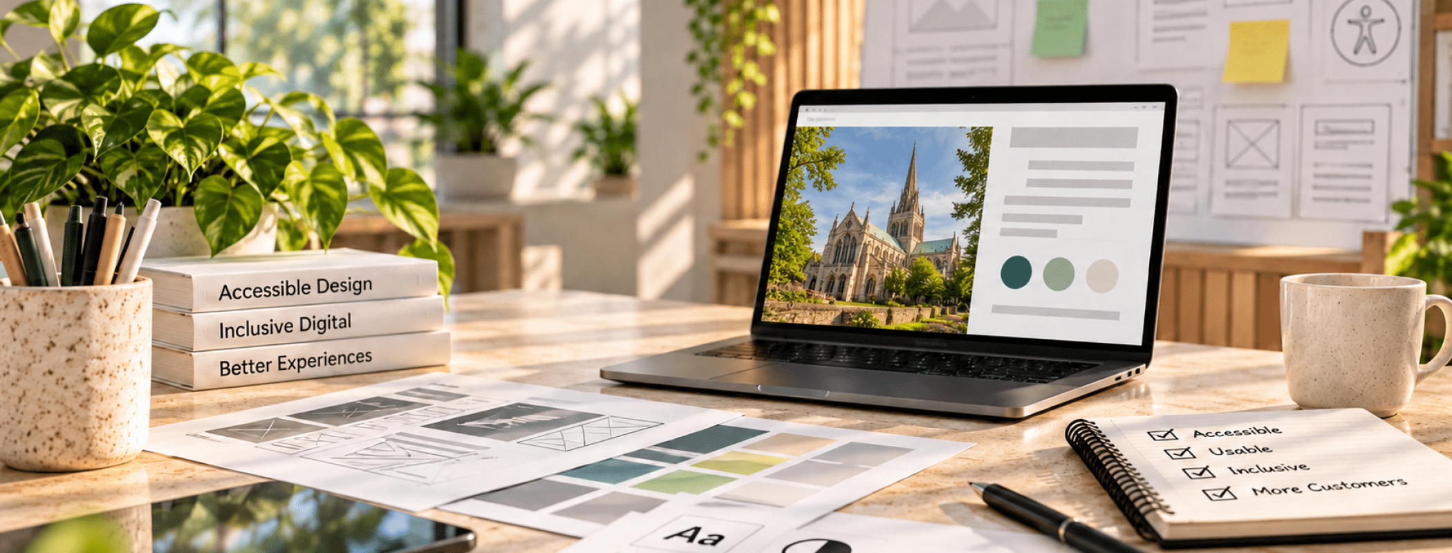 A laptop sits on a desk surrounded by design materials, colour swatches, and notes focused on accessible and inclusive digital design.