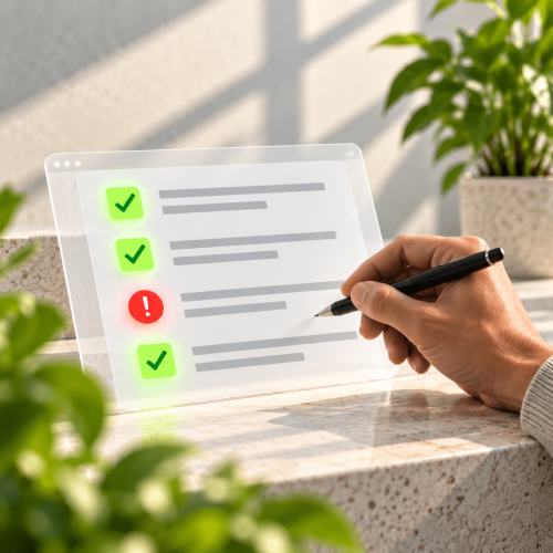 A hand holds a pen near a transparent checklist screen displaying green tick marks and one red exclamation mark.