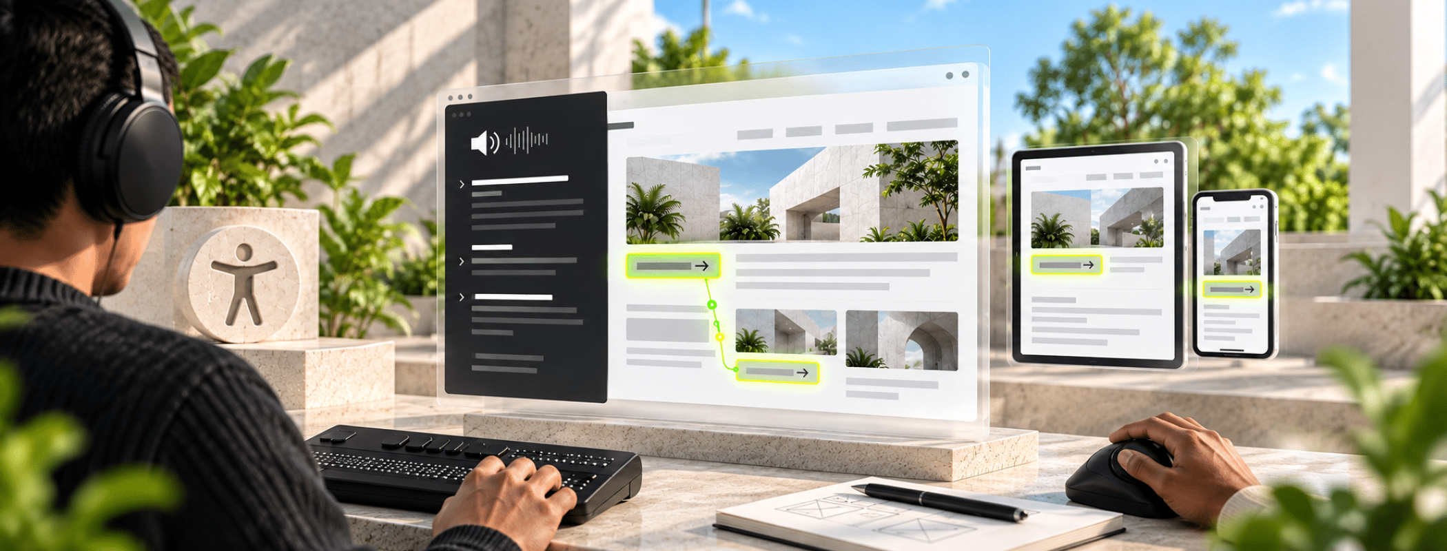 A person interacts with a keyboard and mouse on transparent screens equipped with accessible technology outdoors.