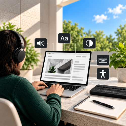 A person sits in sunlight using a laptop surrounded by accessibility icons, headphones, a notepad, and a braille display.