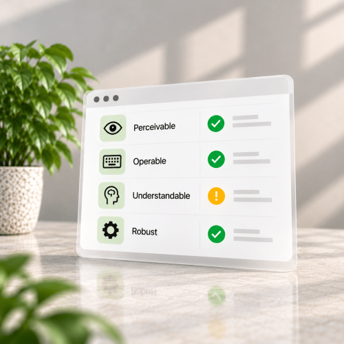 A website checklist displays three green tick marks, with a yellow exclamation mark beside the item labelled Understandable.
