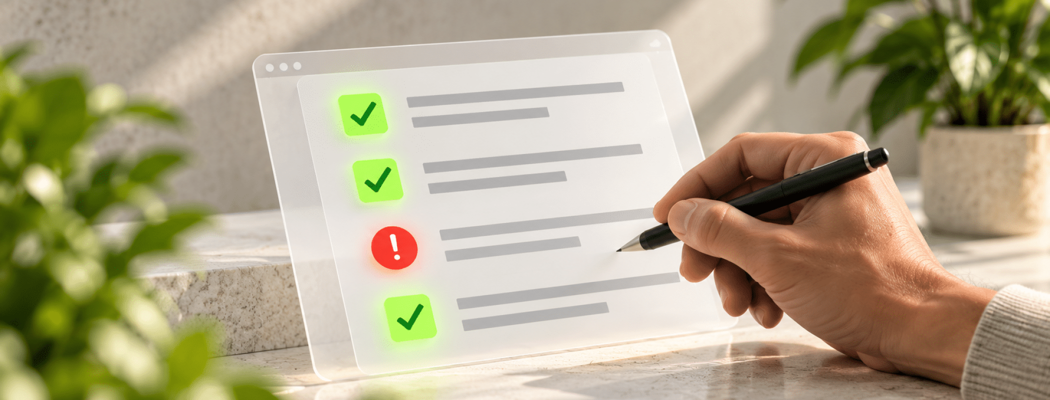 A hand uses a pen to mark a digital checklist on a tablet that shows three green tick marks and one red exclamation mark.