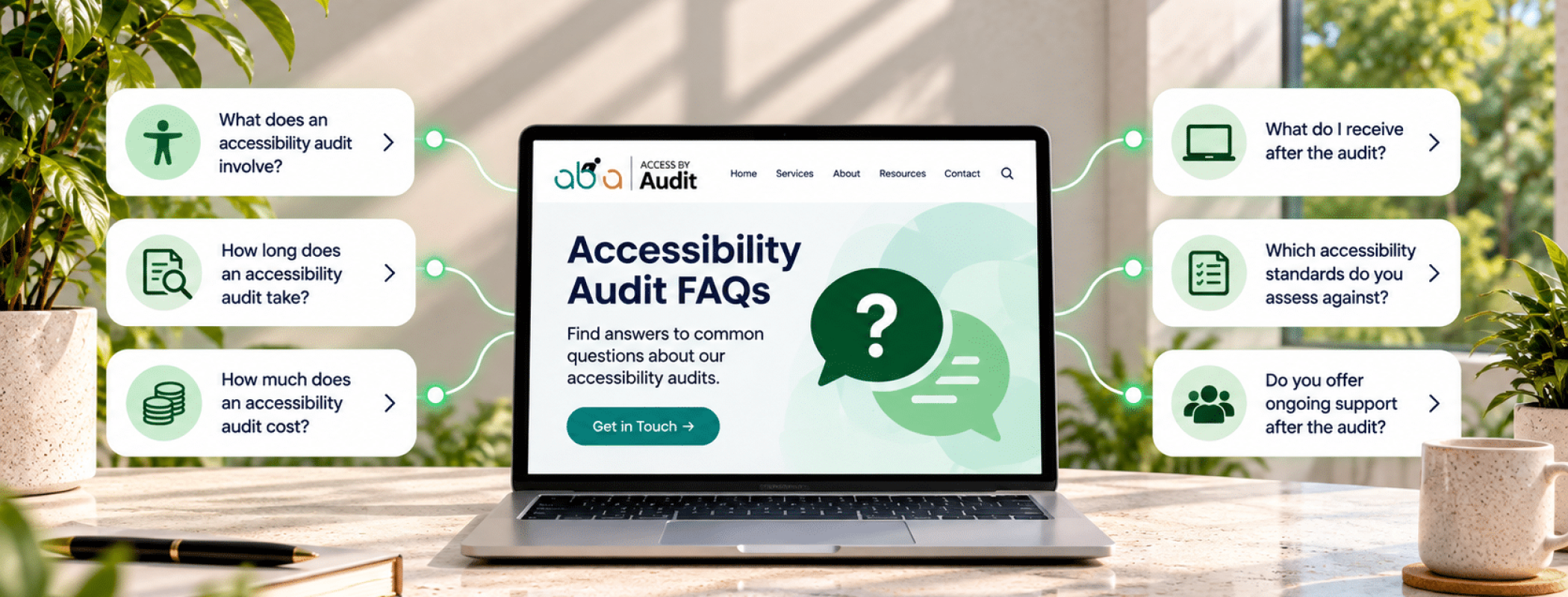 A laptop sits on a sunlit desk, its screen showing Accessibility Audit FAQs surrounded by floating question bubbles.