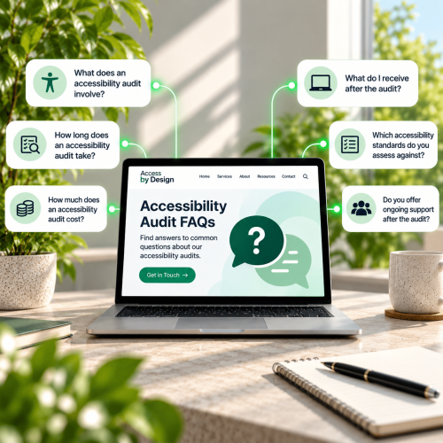 A laptop displaying an accessibility audit FAQ page sits on a sunny desk, surrounded by icons representing audit-related queries.