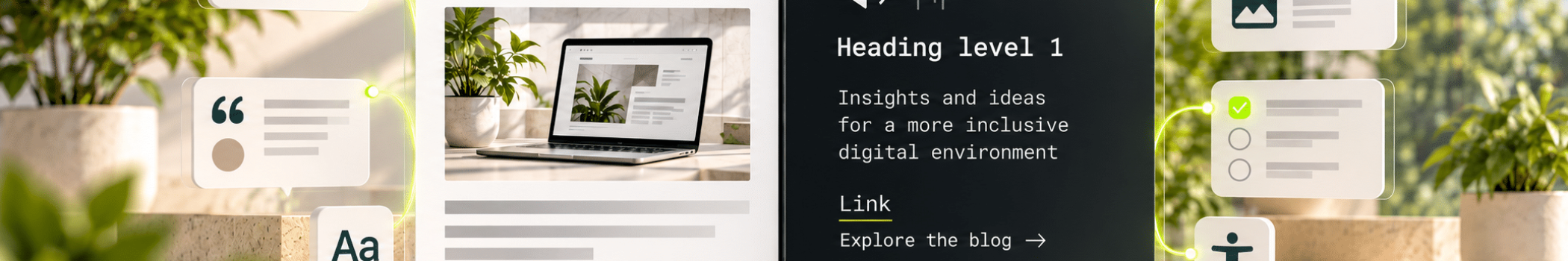 Website elements and accessibility icons displayed in a well-lit room decorated with green plants.