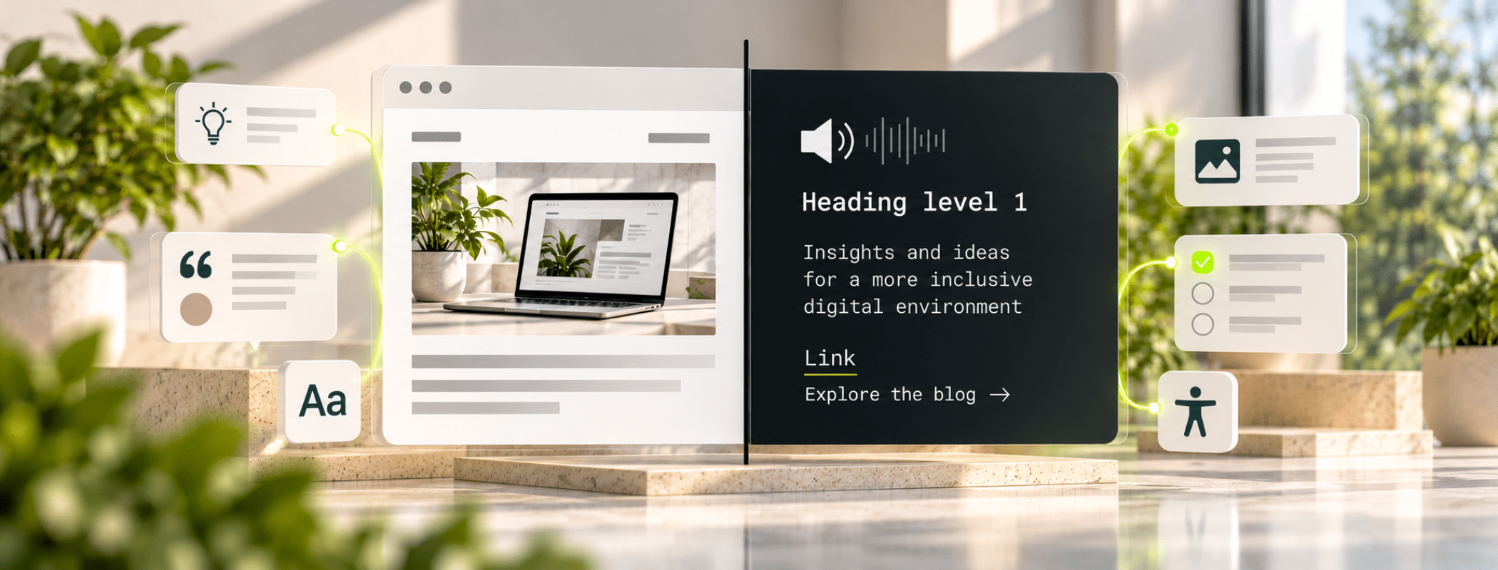 Website elements and accessibility icons displayed in a well-lit room decorated with green plants.