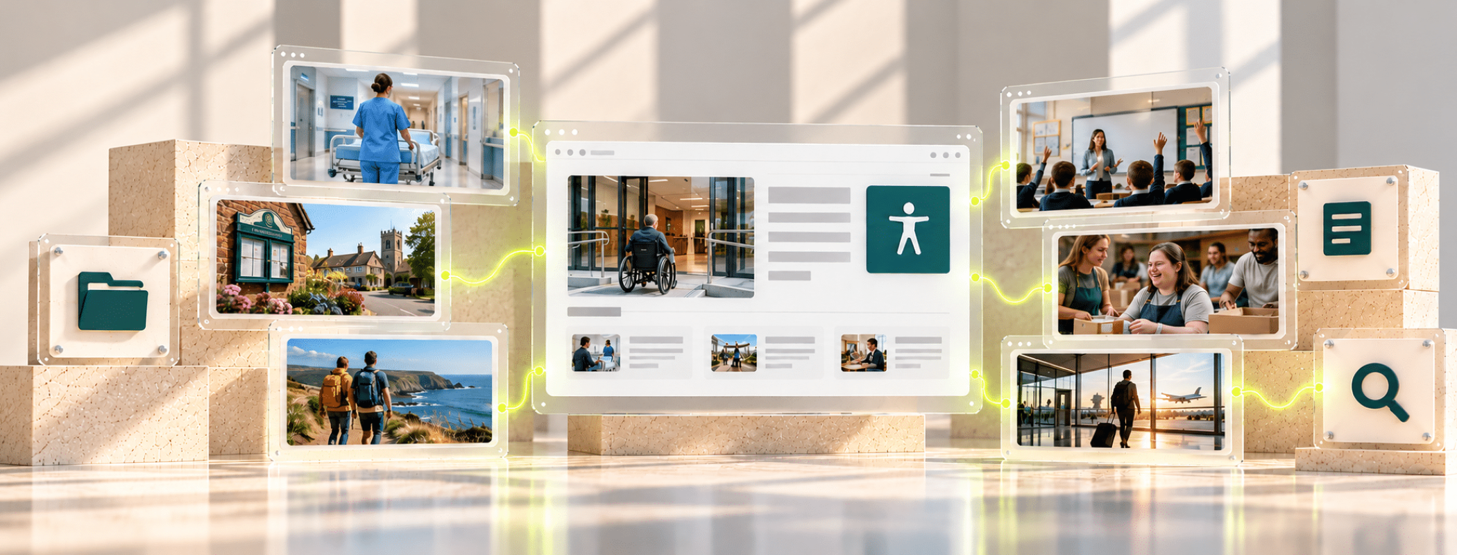 Stone blocks in a bright room display digital accessibility icons and photos of diverse people, all connected by glowing lines.