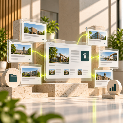 A digital interface shows multiple building images interconnected by glowing lines in a sleek modern indoor environment.