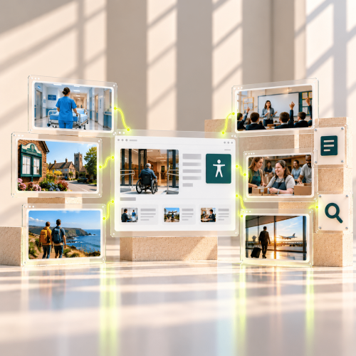 A collage features travel and meeting scenes focused on accessibility, with a central image of a wheelchair user shown on a webpage.