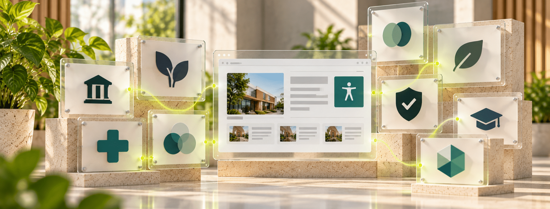 A website display is encircled by digital icons representing banking, health, environment, security, education, and accessibility.