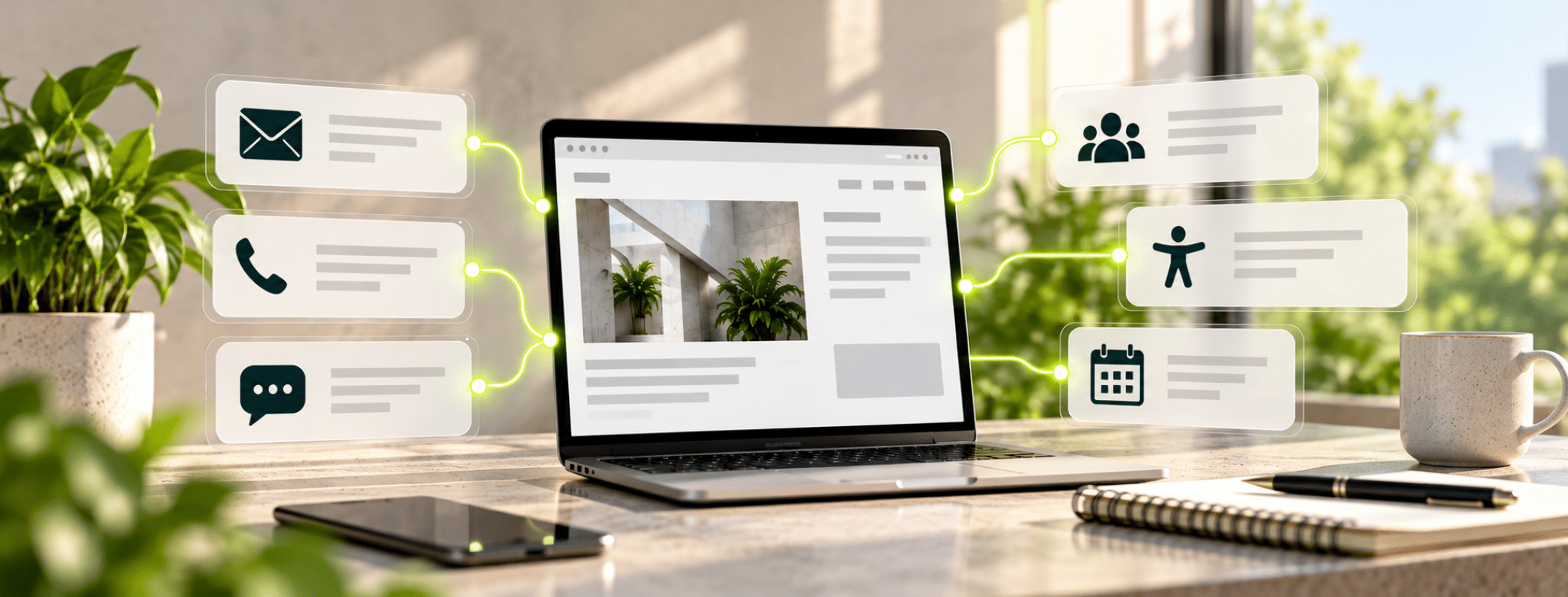 A laptop sits on a desk in a bright room with floating icons for email, phone, chat, calendar, and contacts above it.