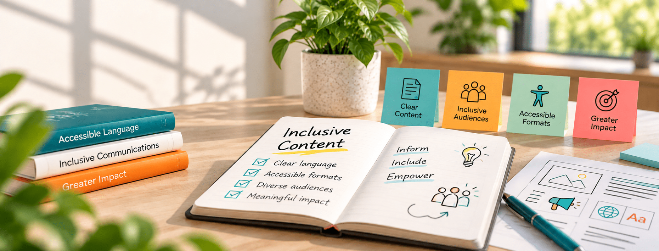 An open notebook with notes about inclusive content sits on a desk, with colourful cards displaying related topics arranged behind it.