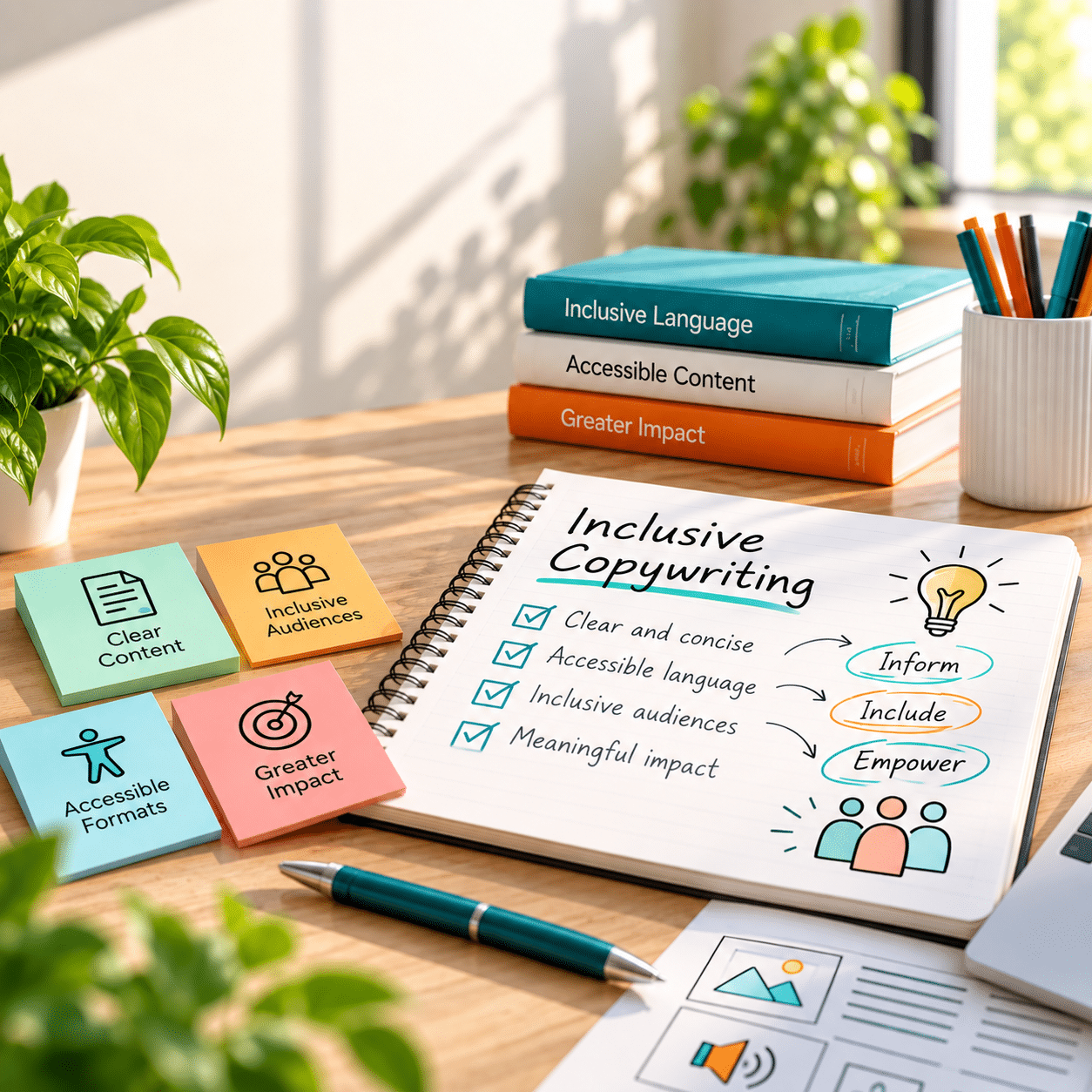 A desk with a notebook open to notes on Inclusive Copywriting, surrounded by colourful sticky notes and several books about inclusive content.