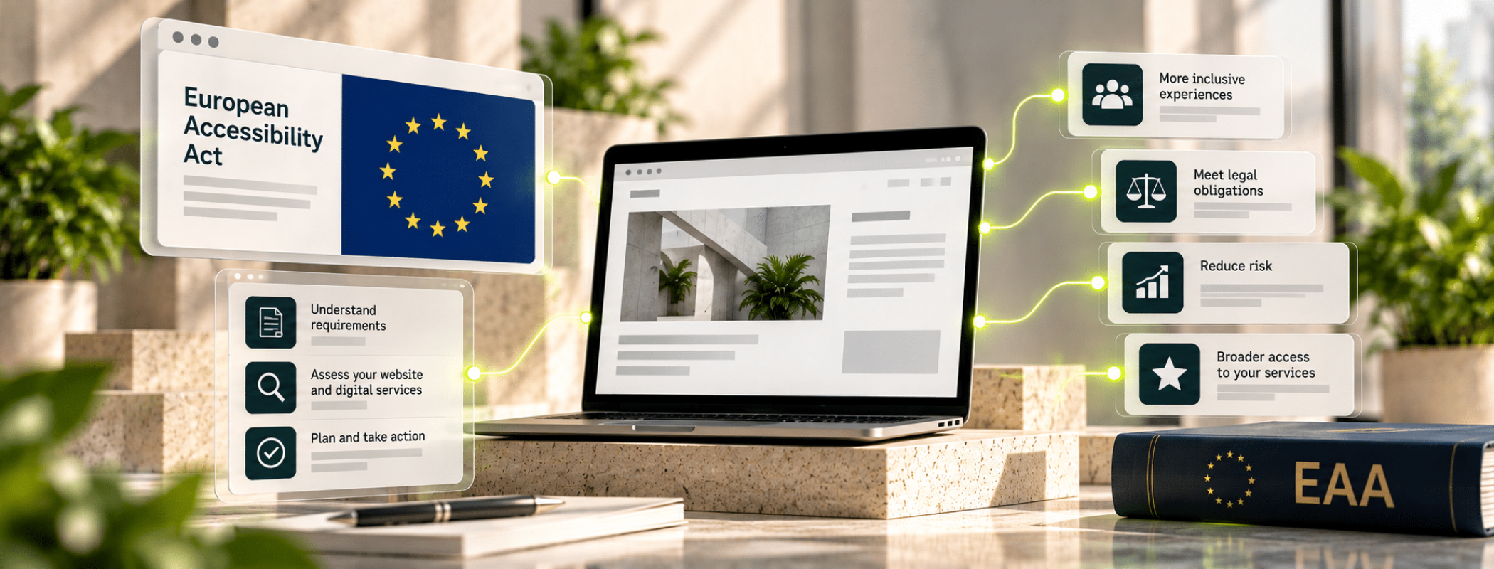 A laptop displays information about the European Accessibility Act, featuring icons representing understanding, access, planning, benefits, and an EAA book.