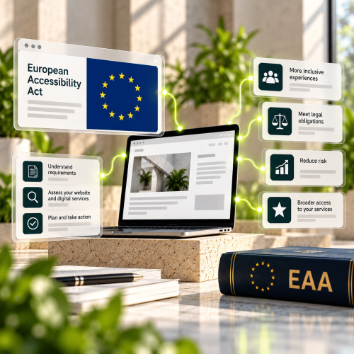 A laptop displaying European Accessibility Act information, benefits, and requirements sits beside a book labelled EAA.