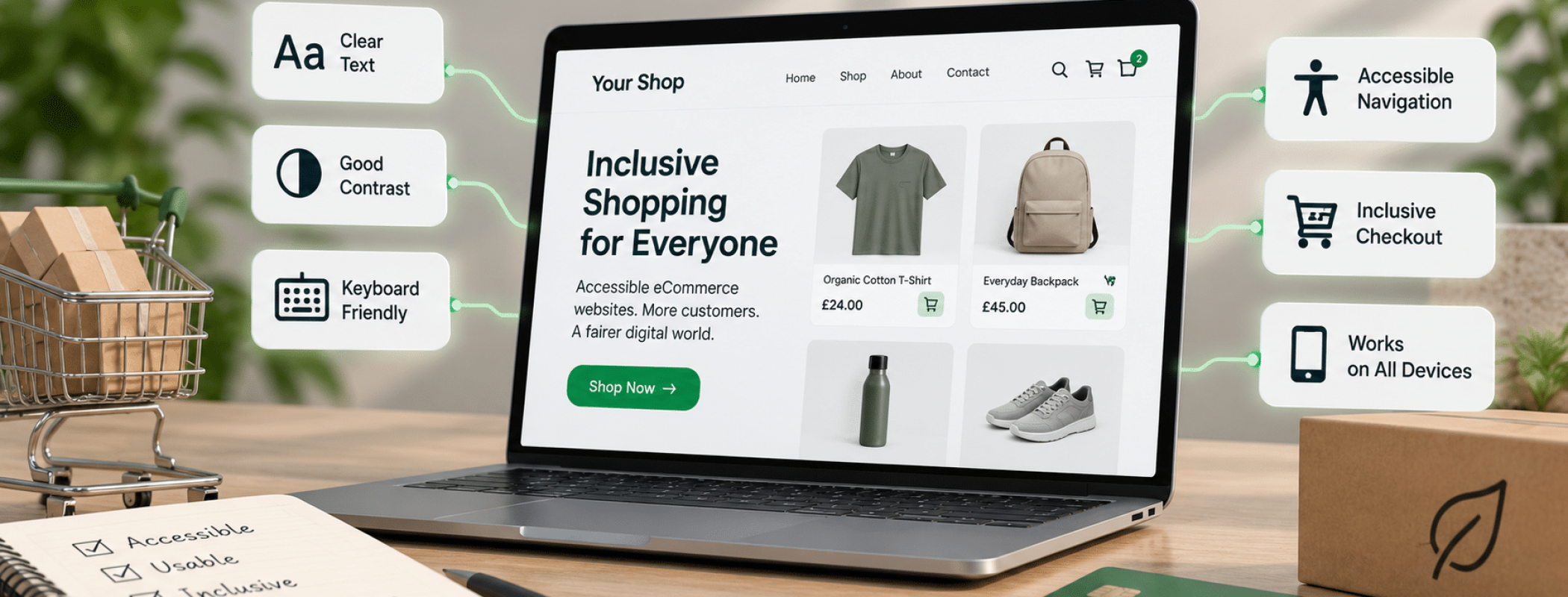 A laptop displays an online shop interface featuring accessibility tools and prominent icons representing various advantages.