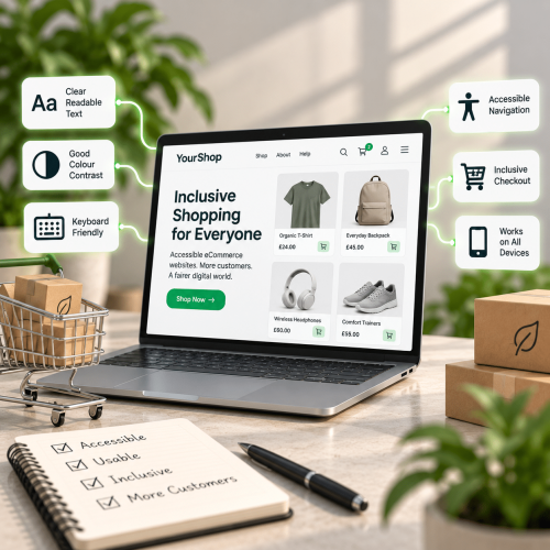 A laptop sits on a desk showing an online shop site, with accessibility features emphasised around the screen.