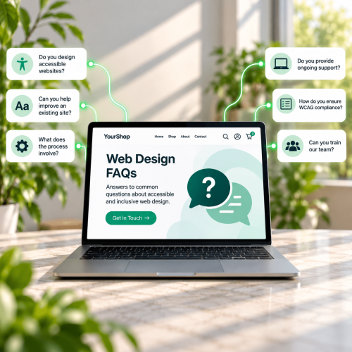 A laptop shows a web design FAQ page with six green FAQ bubbles connected around the screen.