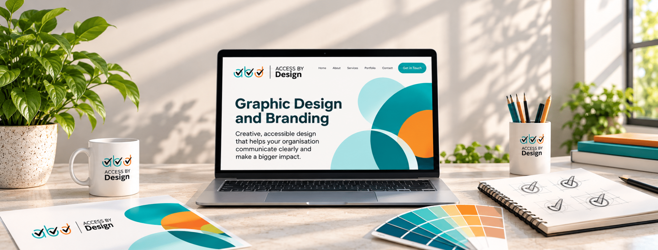 A laptop sits on a desk showing the words Graphic Design and Branding, surrounded by various design materials and colour palettes.