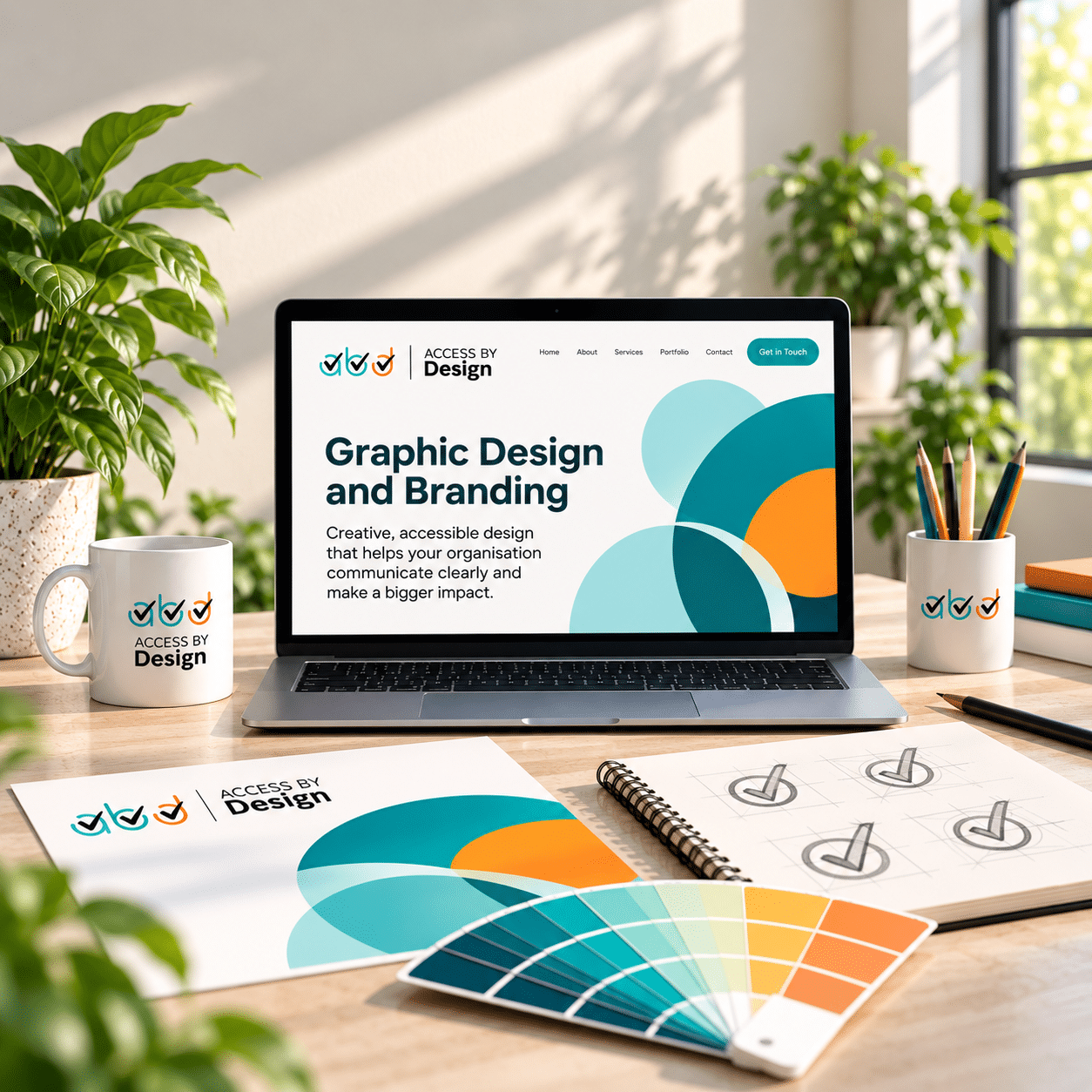 A laptop displaying a graphic design and branding website sits on a desk alongside notebooks, a cup of coffee, and bright modern décor.