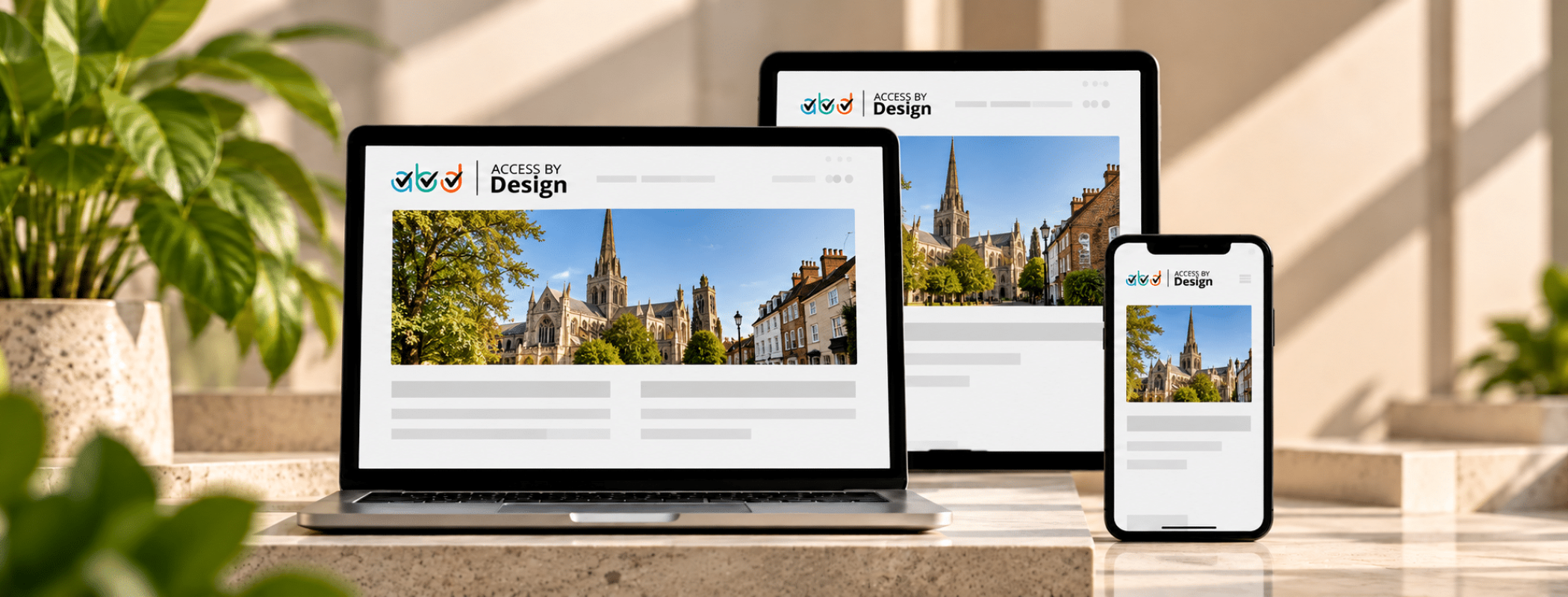 A laptop, tablet, and mobile all show a website featuring a cityscape on a sunny desk with green plants.