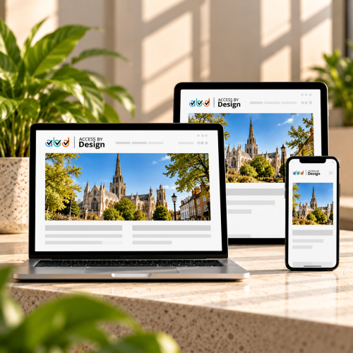 A laptop, tablet, and smartphone showing the same website featuring a church image sit on a sunlit desk with plants nearby.