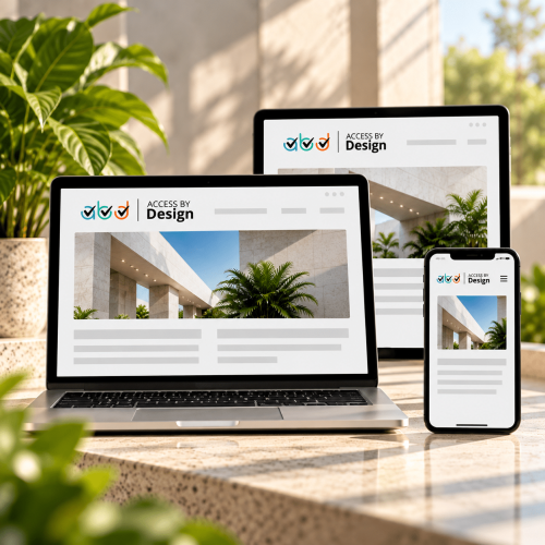 A laptop, tablet, and mobile phone display the same website while resting on a stone surface with plants in the background.
